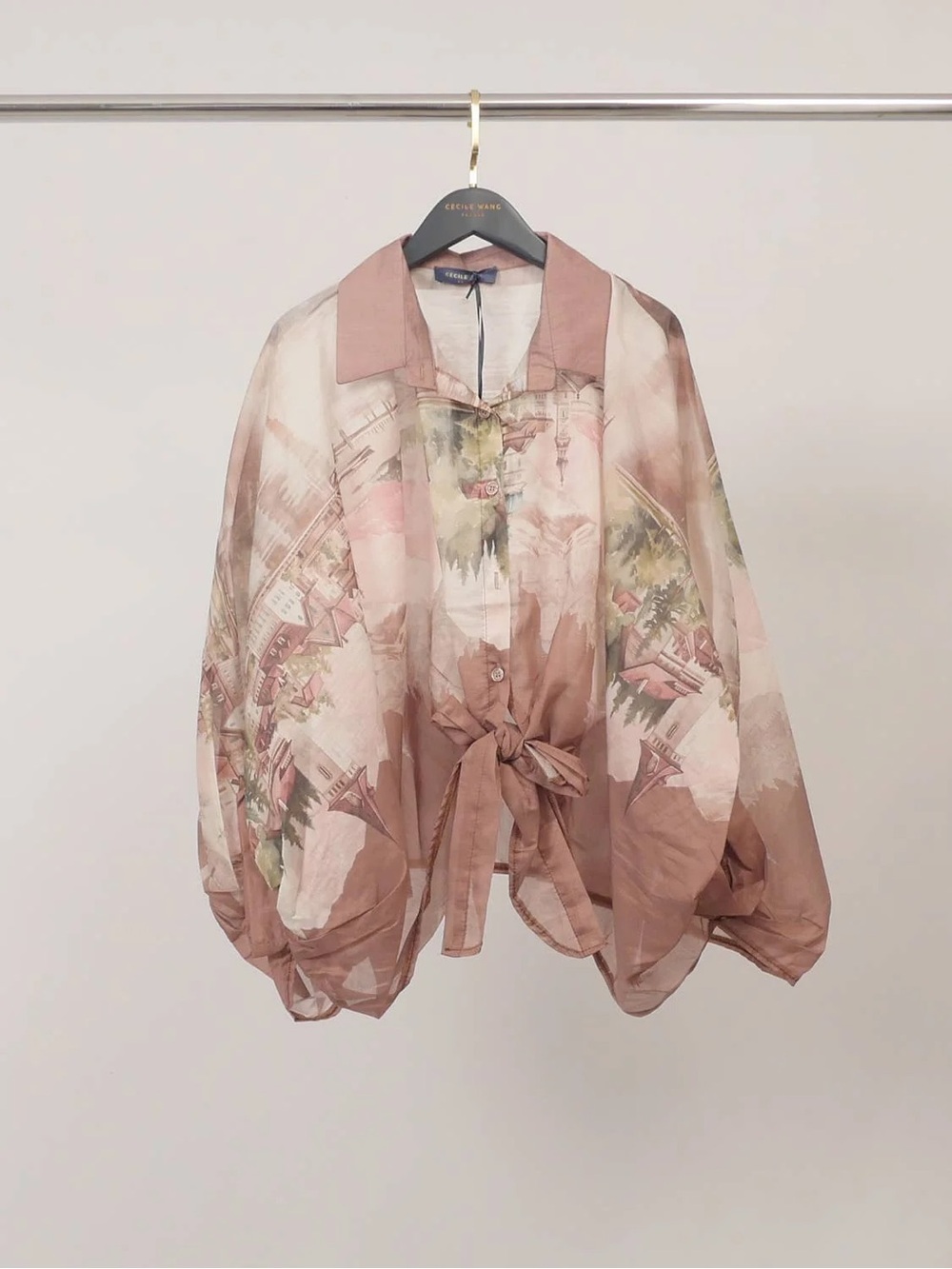 Made in Italy- Sheer Tie-Front Blouse in Dusty Rose